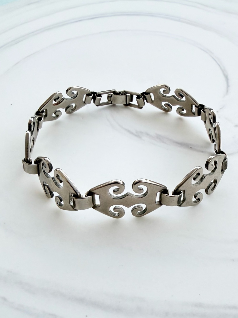 Openwork Double-Spiral Scrollwork Panel Link Stainless Steel Bracelet, Mexico